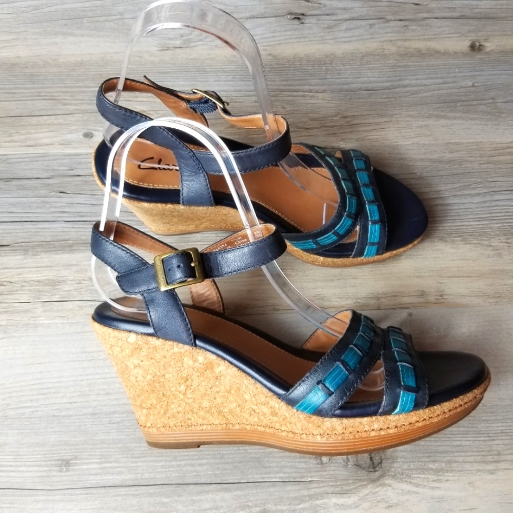Clarks Leather Cork Wedge Navy Blue Teal Strappy Sandals